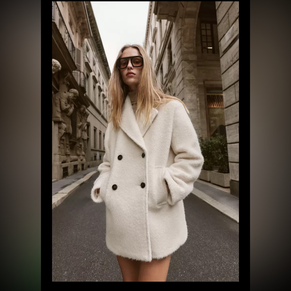 Zara Coat, boucle, double-breasted mid-length, ecru size XL